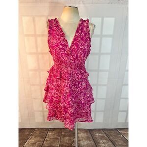 Fate Pink White Paisley V-Neck Chic Ruffle Tiered Sleeveless Mini Dress Small